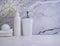 Bathroom accessories, relaxation  hygiene  clean flower on marble background cosmetic