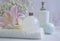 Bathroom accessories, relaxation   washing  decor hygiene  clean flower on marble background cosmetic