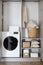 Bathroom accessories and washing machine in modern room