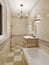 Bathroom in art deco style, beige tiles on the walls with ornament. Bath, washbasin and toilet