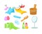 Bathroom with bath saunas accessories bath towels shampoo mirror combs and makeup accessories. Hygiene products, body care,