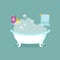 Bathroom cartoon vector interior with bathtub full of foam and shower