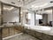 Bathroom in classic style in gray marble and gold doors on a twin washbasin and a large bathtub