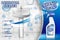 Bathroom cleaners ad poster, spray bottle mockup with liquid detergent for bathroom sink and toilet with bubbles and