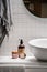 Bathroom countertop with pampering and moisturizer cosmetics products