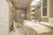 Bathroom with cream marble sink with wooden cabinet with integrated mirror with lights and shelves and washing machine in one