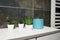 Bathroom decor elements. A blue jar of cream and green plants in small white pots stand on a cabinet shelf. Black wall