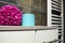 Bathroom decor elements. A blue jar of cream and a pink bright artificial double flower on a cabinet shelf. Black wall