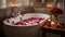 A bathroom decorated with heart-shaped soaps, towels, and a rose petal-filled