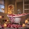 A bathroom decorated with heart-shaped soaps, towels, and a rose petal-filled