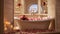 A bathroom decorated with heart-shaped soaps, towels, and a rose petal-filled