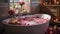 A bathroom decorated with heart-shaped soaps, towels, and a rose petal-filled