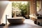 Bathroom that encapsulates the essence of minimalistic Japanese design, garden view, generative ai