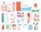 Bathroom hygiene accessories, bath personal care spa elements set isolated on white vector illustrations. Toiletries set