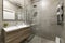 Bathroom with imitation marble tiles, shower cabin with sliding glass doors,