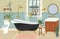 Bathroom interior with bathtub, toilet and washstand. Hand drawn vector illustration in cozy scandinavian style. Home