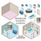 Bathroom interior constructor, vector flat isometric illustration