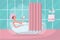 Bathroom interior with curtain, towel and steam. Girl in shower cap taking a bath full of soap foam. Relaxing girl in bathroom