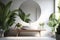 bathroom interior design green simple sink tropical leaf white home clean. Generative AI.