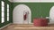 Bathroom interior design showcase, classic interior, arched brick walls, parquet floor. Red and green tones. Freestanding round