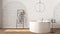 Bathroom interior design showcase, classic set, arched brick walls, parquet floor. Freestanding round bathtub, modern pendant lamp