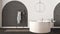 Bathroom interior design showcase, classic set in dark tones, brick walls, parquet. Freestanding round bathtub, modern pendant