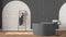 Bathroom interior design showcase, classic set, gray arched brick walls, parquet. Freestanding round bathtub, modern pendant lamp