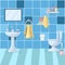 bathroom interior with furniture. Home interior items - mirror, washbasin, toilet bowl, shelves with cosmetics, towel.