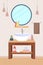 Bathroom interior furniture with sink and wooden shelf, a round mirror, lamps, towels. Flat vector illustration