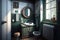 Bathroom interior with green walls, wooden floor, green bathtub and round mirror
