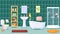 Bathroom interior illustration. Stylish central bathroom with shower white washbasin hanging mirror and toiletries rack