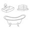 Bathroom interior set. Vintage bath tube, sink with a water tap, folded bath towels