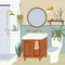 Bathroom interior with stand shower, toilet and washstand. Hand drawn vector illustration in cozy scandinavian style