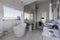 Bathroom interior with trendy grey design with white furniture