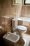Bathroom interior - washbasin, bidet, toilet, large mirror. The walls are light brown in color.
