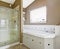 Bathroom intrerior in white and beige colors