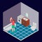 Bathroom is isometric with a woman and a child.