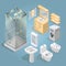 Bathroom items and furniture isometric icon set.