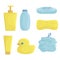 bathroom items. means for washing: shower gel  shampoo  solid soap  facial foam  cream  washcloth and sponge.