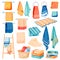 Bathroom and kitchen cotton towels collection. Vector illustration of bath and spa toiletries. Textile hygiene items