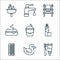bathroom line icons. linear set. quality vector line set such as dental care, rubber duck, comb, spray, bucket, soap, towel, tap