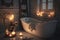 bathroom with luxurious bathtub, candles, and glass of wine for relaxing evening