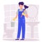 Bathroom. A male plumber in overalls is holding a bucket and a plunger