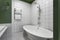 bathroom, minimalism. White tile bath bright interior, Scandinavian style