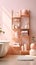 a bathroom with a pink wall and shelving Coastal interior Bathroom with Pastel Pink color theme