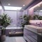 a bathroom with purple walls and a plant in the corner Modern interior Bathroom with Lavender color