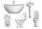 Bathroom realistic objects. White bathtub, toilet seat and washbasin with faucet. Lavatory ceramic bowls top, side and