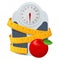 Bathroom scales, red apple and centimeter to measure on white background, top view. Weight loss, healthy lifestyles