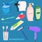 Bathroom Set Object Toothbrush, Soap, Shampoo, Toothpaste, Water Dipper,Hand Wash, Tissue, Shave Razor, Hair Dryer Illustration