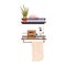 Bathroom shelf with hygiene items, folded towels, beauty products and houseplant